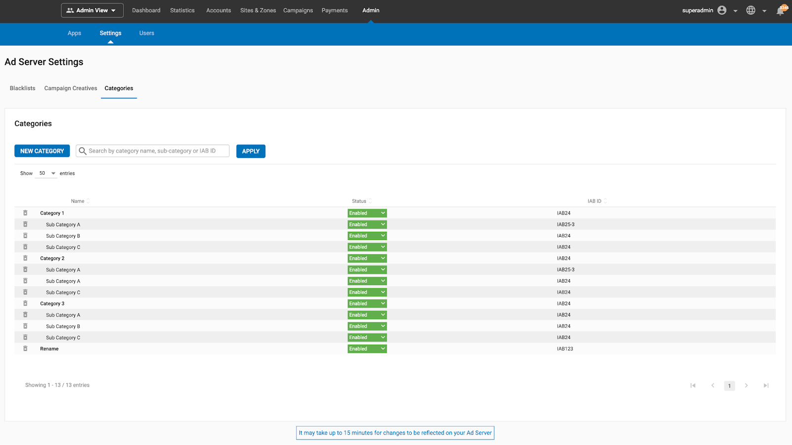 Ad serving platform with Industry leading administrator features Ad serving customizable categories management settings Ad Server Categories Settings Customization admins Ad Server Categories Settings Management and Customization